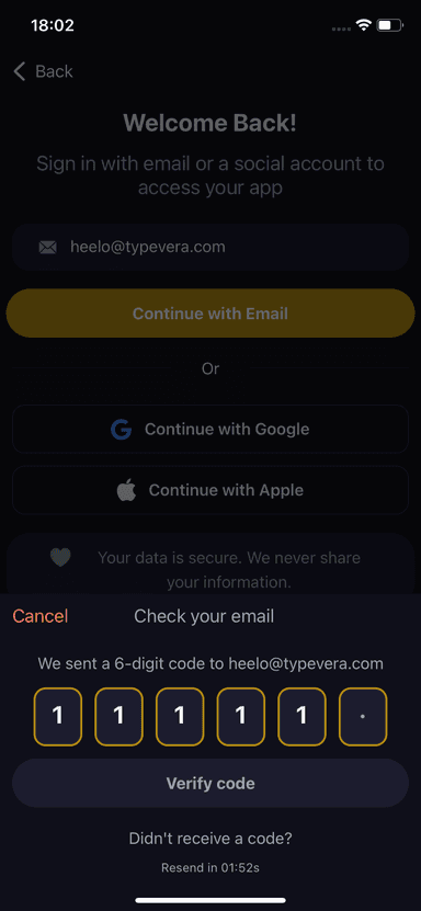 Typevera auth screen