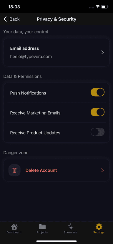 Typevera settings screen
